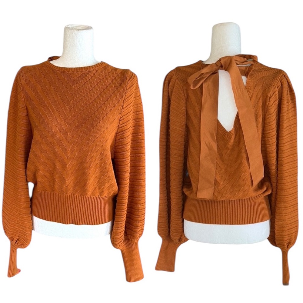 Happy x Nature / Kate Hudson Burnt Orange Bow Tie Cutout Puff Sleeve Sweater - S